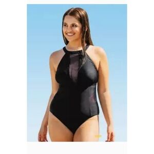 Cupshe Black One Piece Swimsuit Mesh Inset High Neck Womens 0X
